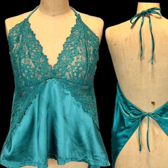 Seven Til Midnight Tops - VINTAGE lace negligee nighty lingerie halter tank top teal camisole backless y2k